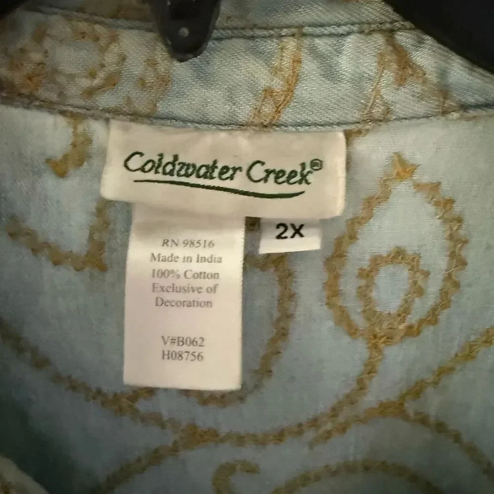 Coldwater Creek Blue and Gold Embroidered Shirt